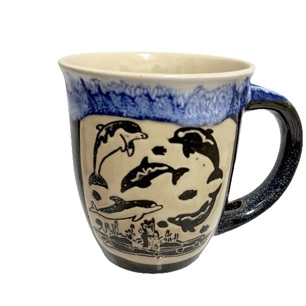 Studio Pottery Dolphin Mug Coastal Ocean Coffee Cup. Blue Drip‎ COZUMEL Mexico